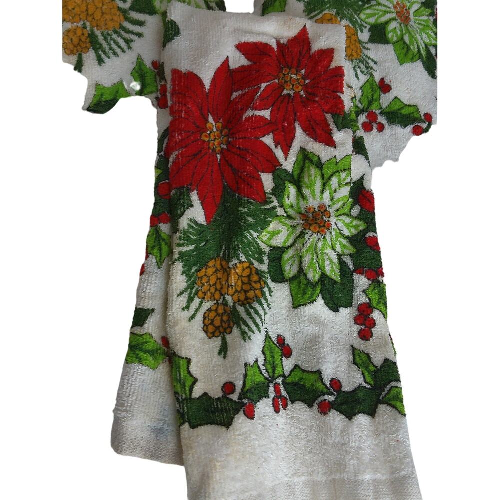 Vintage 1980s Christmas Holiday Poinsettia Kitchen Towels Set of 3 New Deadstock - Picture 6 of 7
